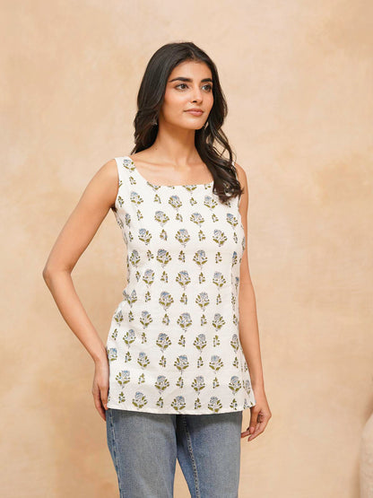 Cotton Printed Stylish Backless Tie-Up Kurti White