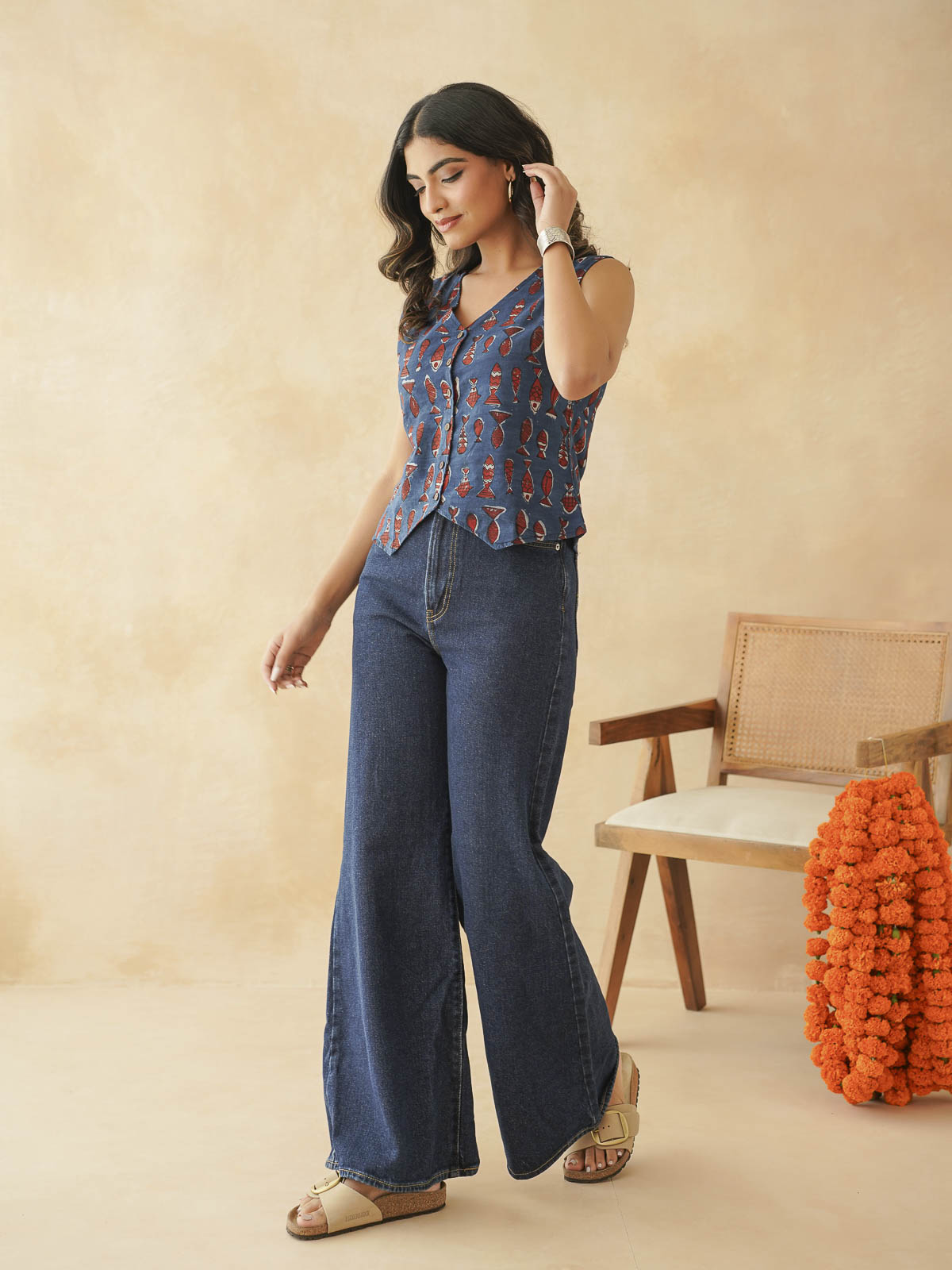 Sleeveless Cotton Block Printed Kothi Top Indigo Fish