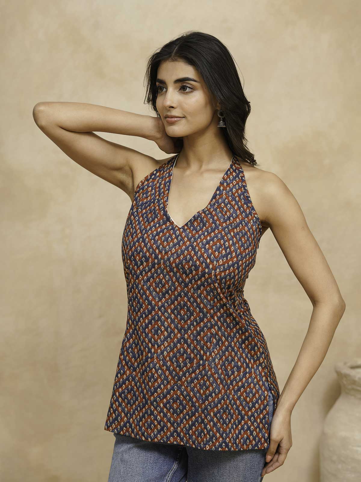 Cotton Printed Stylish Halter Tie-Up Kurti Bandhej