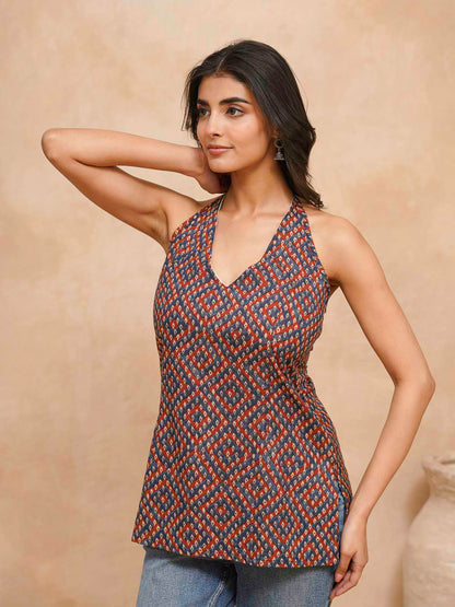 Cotton Printed Stylish Halter Tie-Up Kurti Bandhej