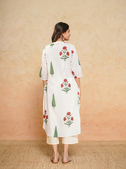 Cotton Pleat Kurta For Women White Patti