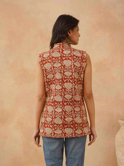 Cotton Printed Sleeveless Quilted Jacket Red Kamal