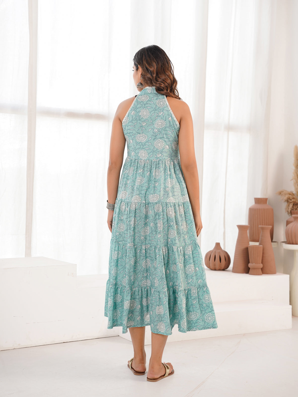 Tiered Halter Neck Dress Sea Green