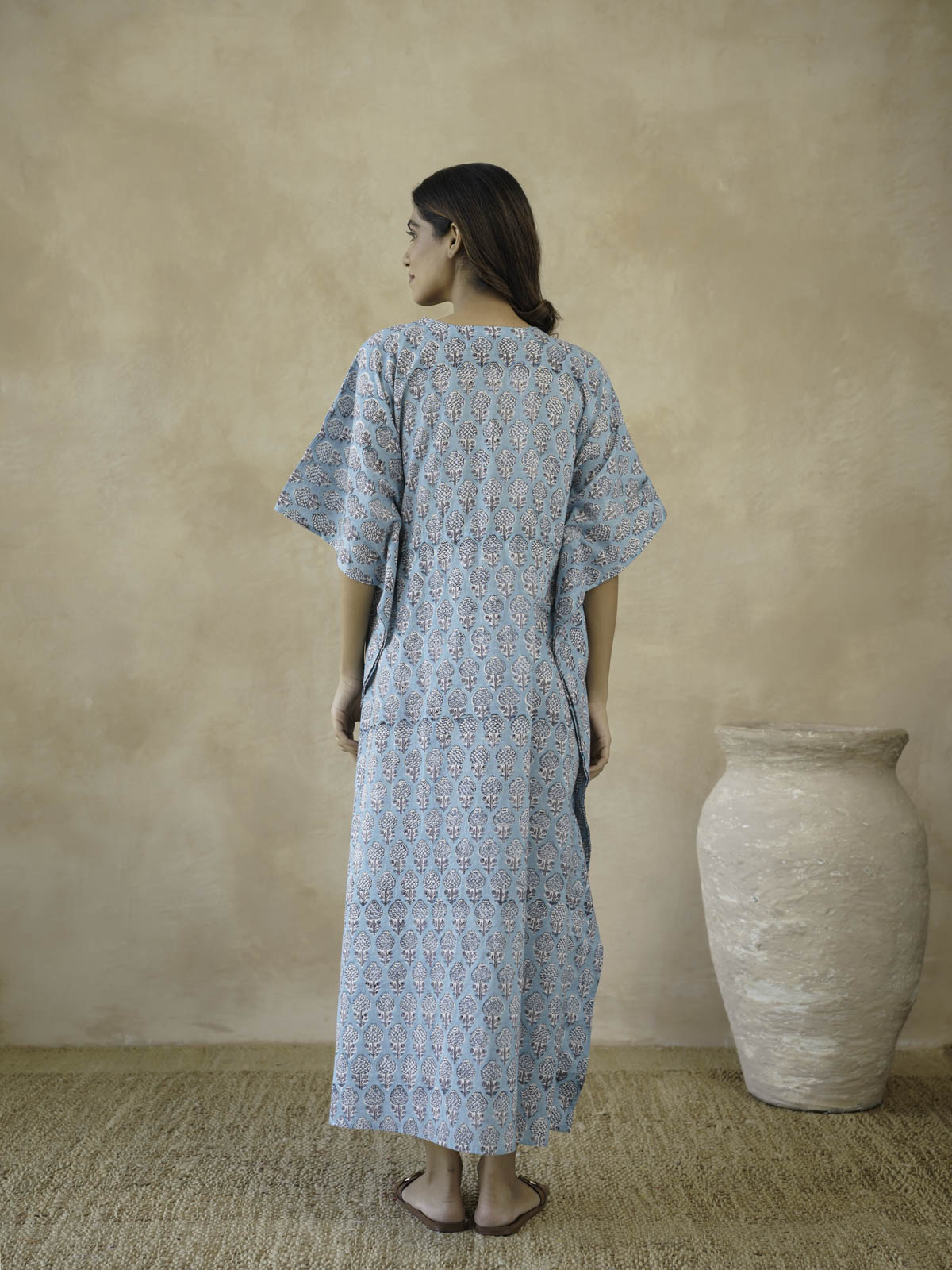Block-Printed Cotton Long Kaftan Blue Booty
