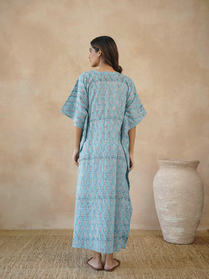 Block-Printed Cotton Long Kaftan Blue Booty