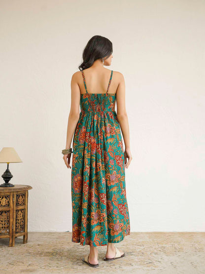 V-Neck Long Strappy Dress Dark Green