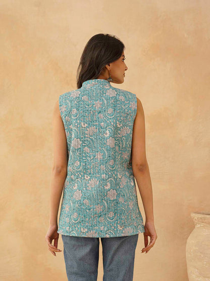 Cotton Printed Sleeveless Quilted Jacket Green Jaal