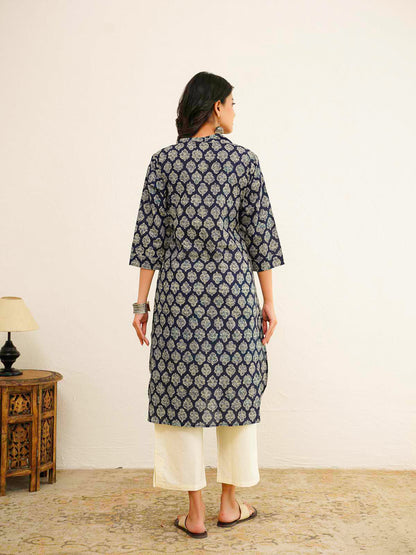 Cotton Printed Straight Kurta Blue Booty