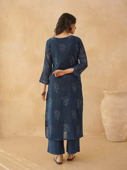 Cotton Printed Kantha Style Set For Women Indigo