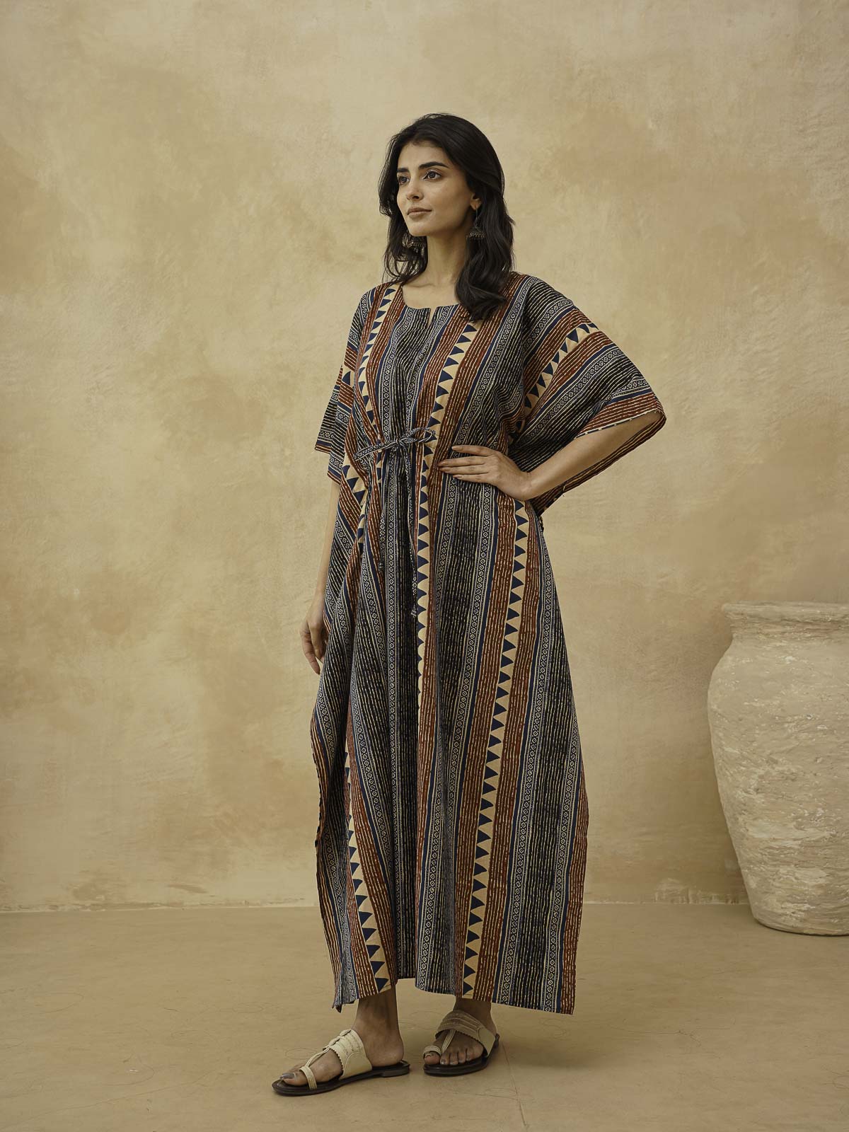 Block-Printed Cotton Long Kaftan Multicolor
