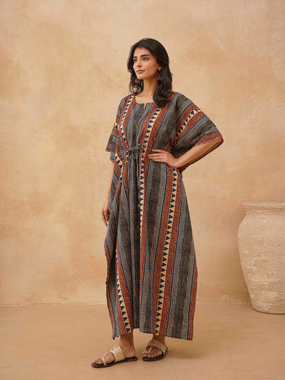 Block-Printed Cotton Long Kaftan Multicolor