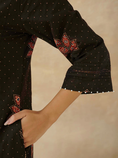 Cotton Printed Aline Geet Kurta Set For Women Black Lotus