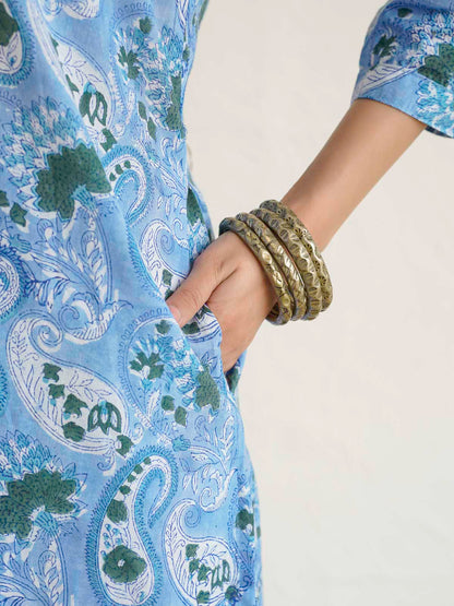 Women Ethnic Motifs Printed Cotton Pleat Set Sky Blue