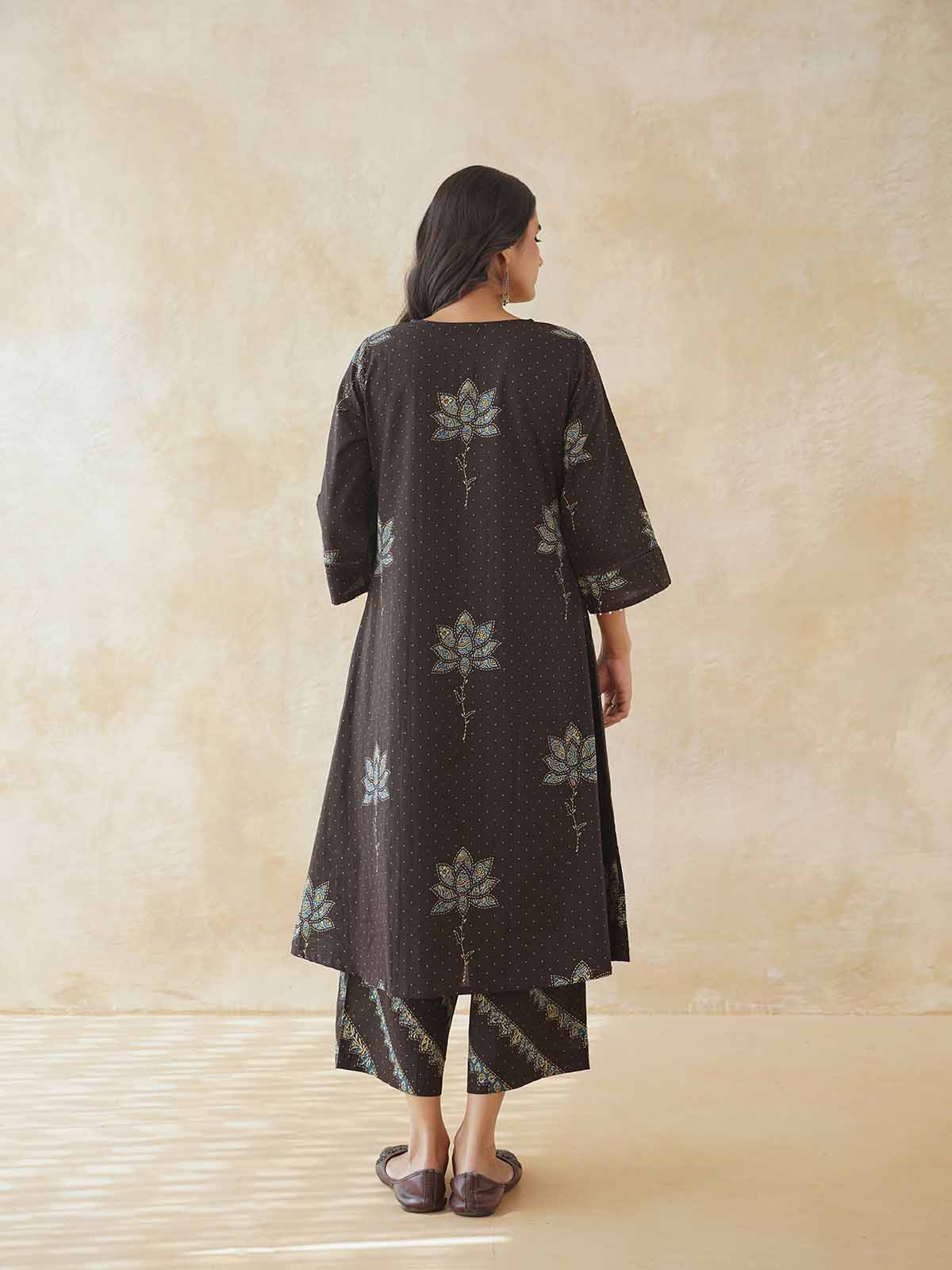 Cotton Printed Aline Gitika Set For Women Brown