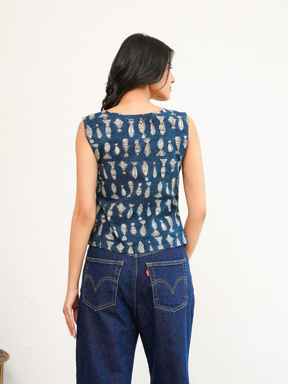 Sleeveless Cotton Block Printed Kothi Top Fish