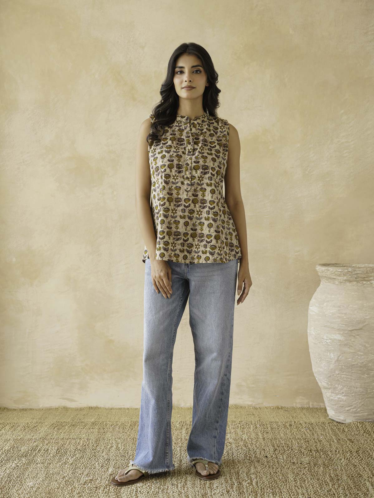 Cotton Printed Sleeveless Tunic Top For Women Brown