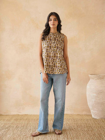 Cotton Printed Sleeveless Tunic Top For Women Brown