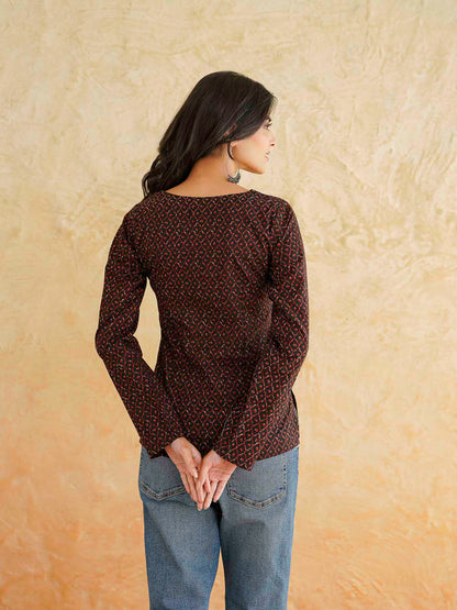 Full Sleeve Cotton Printed Classic Vee Top Black