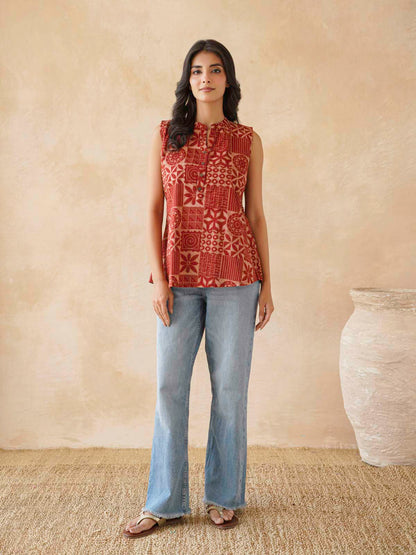 Cotton Printed Sleeveless Tunic Top For Women Red