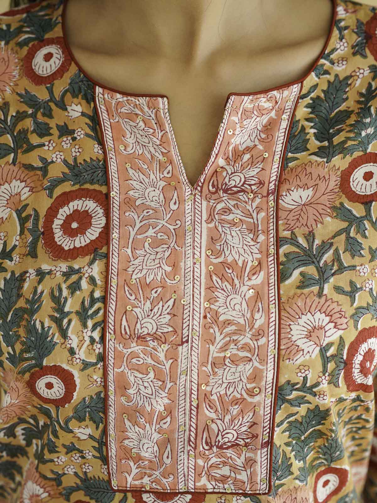 Cotton Printed Sequin Short Kurti For Women Brown