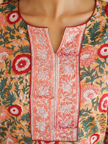 Cotton Printed Sequin Short Kurti For Women Brown