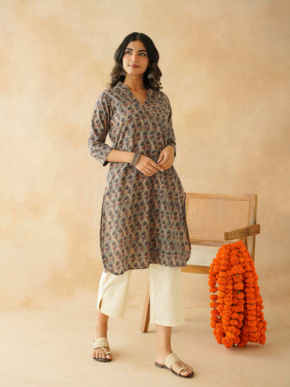 Cotton Printed Straight Kurta Indigo Flawer