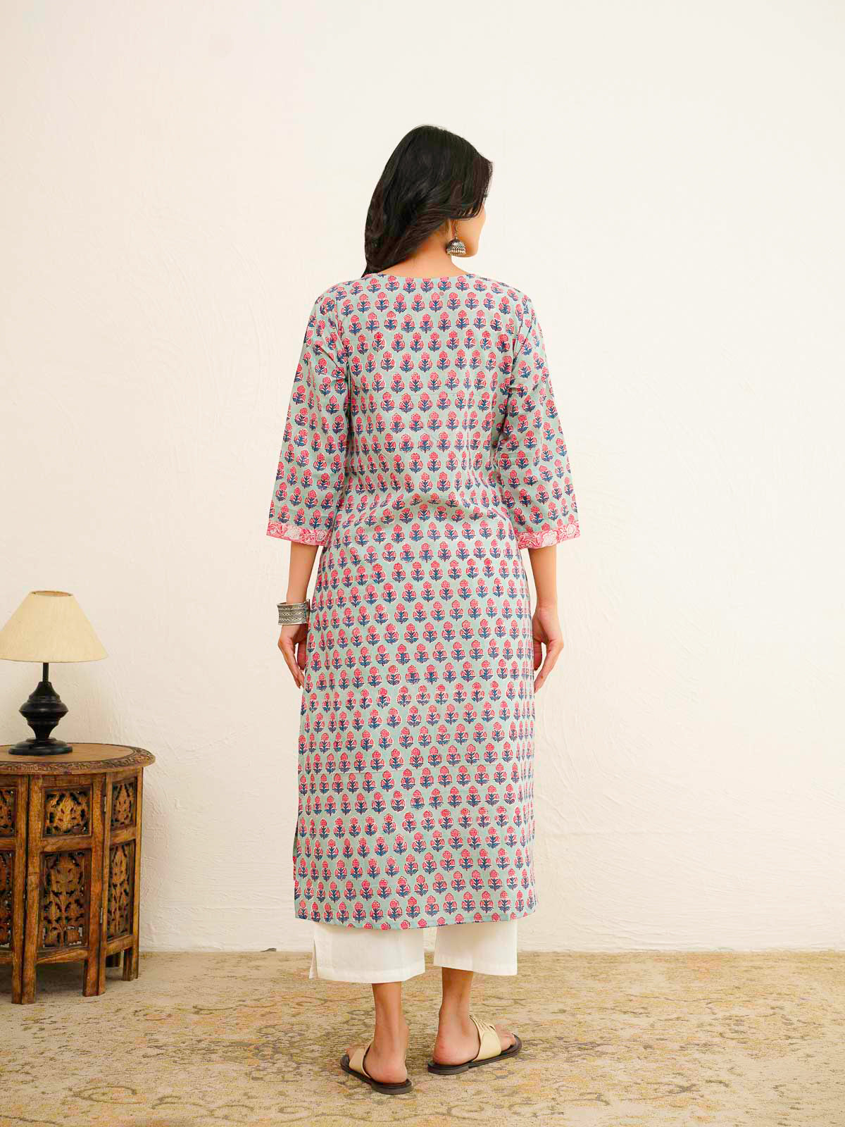 Cotton Block Printed Long Kurta Green Booty