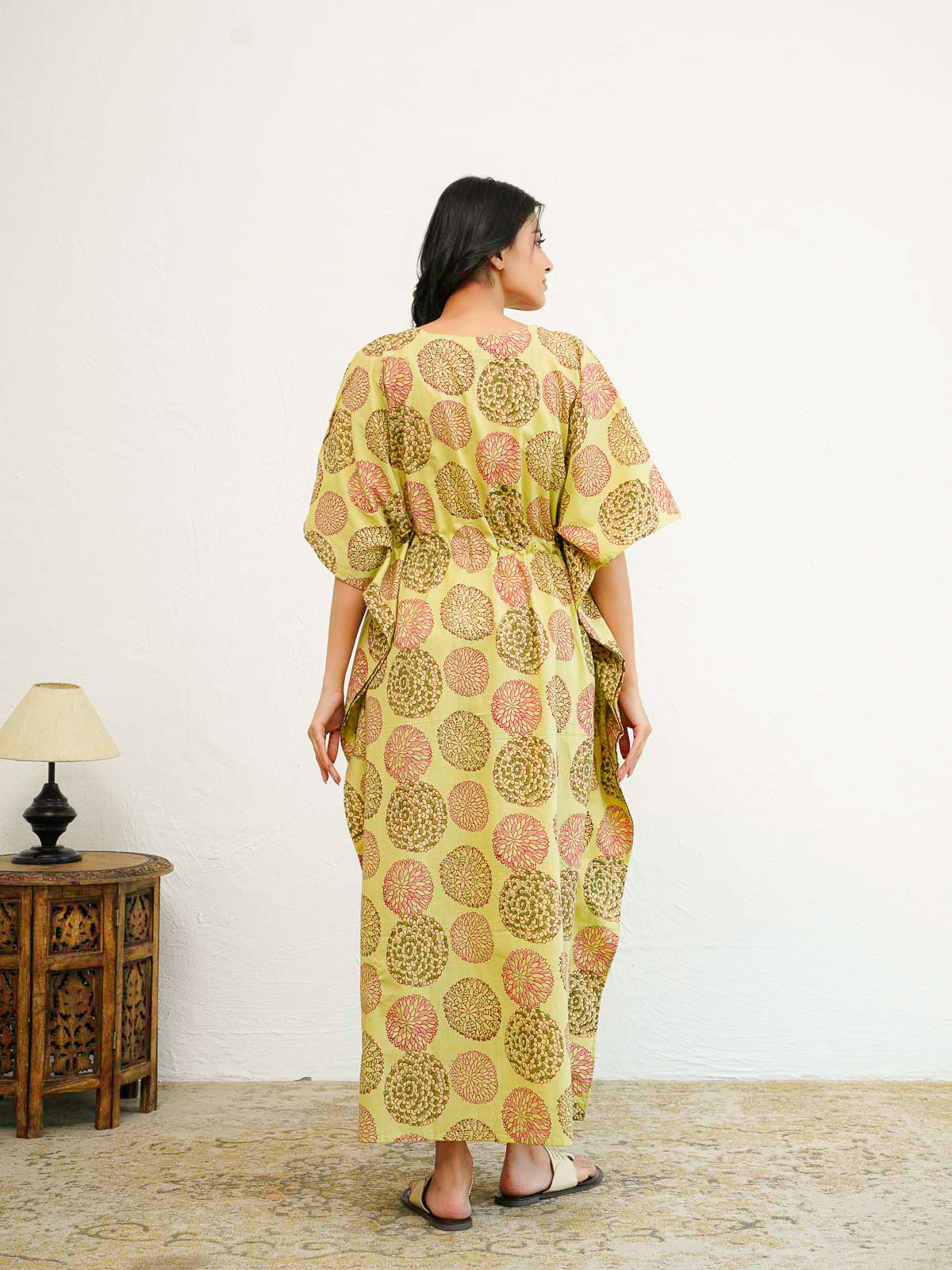 Block-Printed Cotton Long Kaftan Green Flower