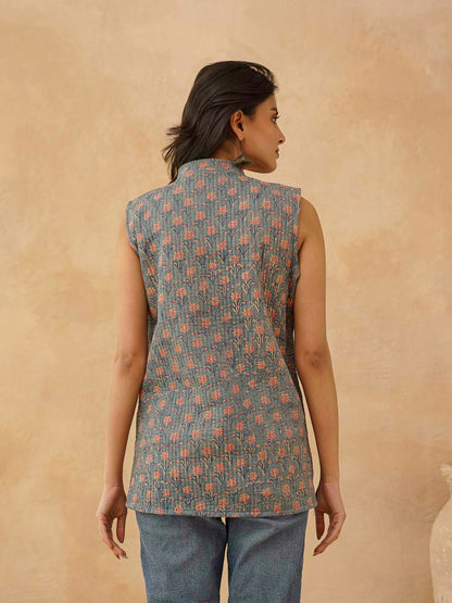 Cotton Printed Sleeveless Quilted Jacket Grey Booty