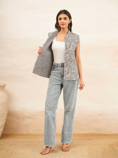 Cotton Printed Sleeveless Quilted Jacket Grey