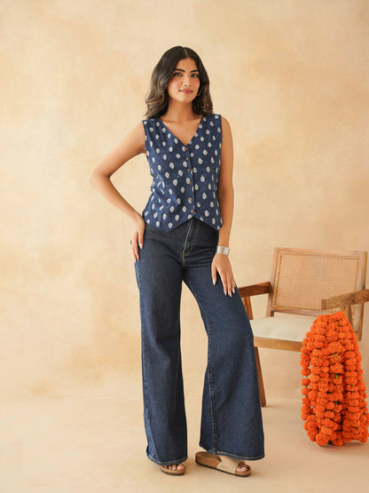 Sleeveless Cotton Block Printed Kothi Top Indigo Booty