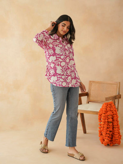 Block Printed Cotton Meher Shirt Pink