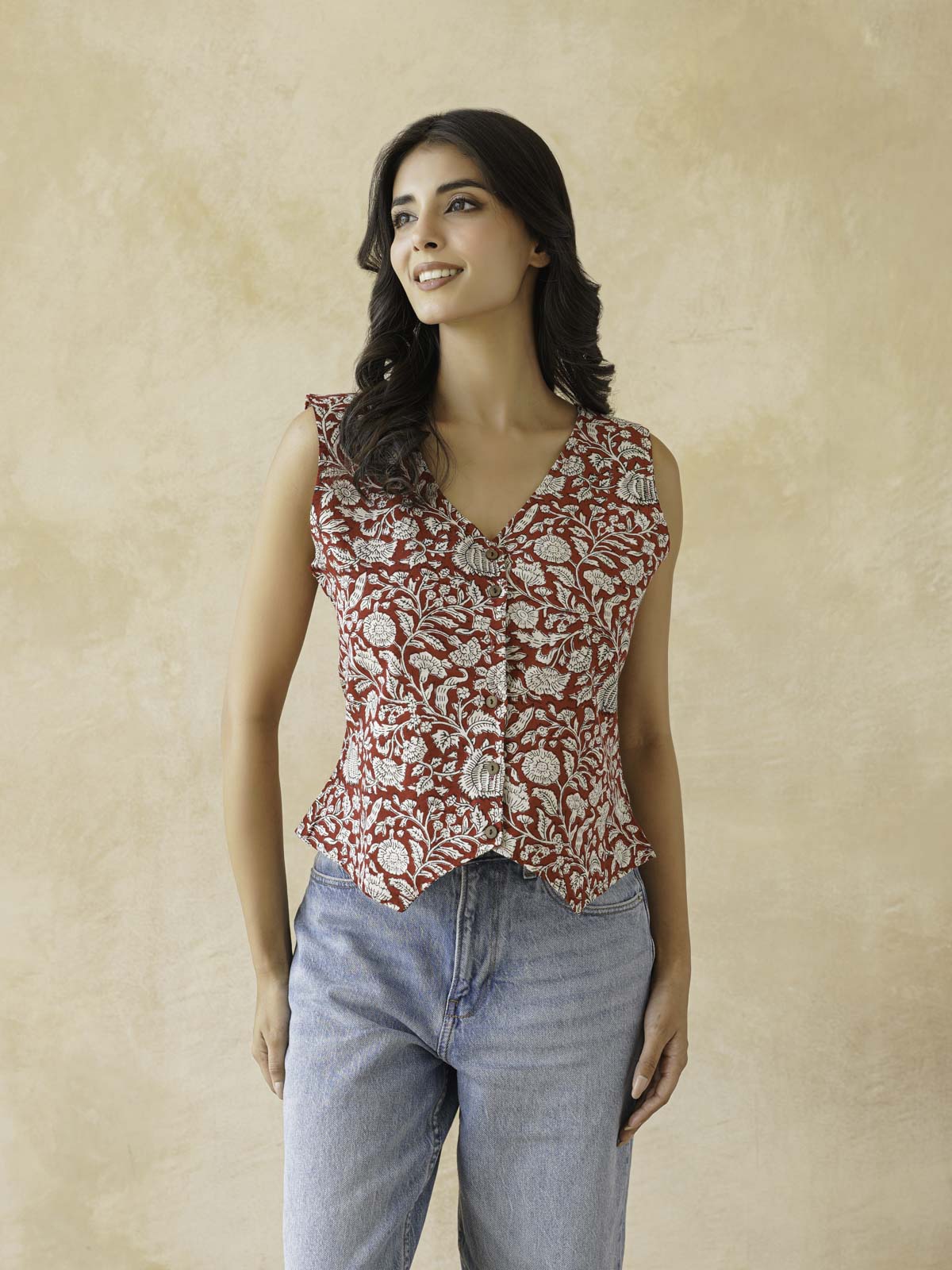 Sleeveless Cotton Block Printed Kothi Top Red Jaal