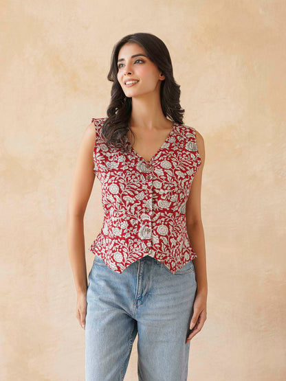 Sleeveless Cotton Block Printed Kothi Top Red Jaal