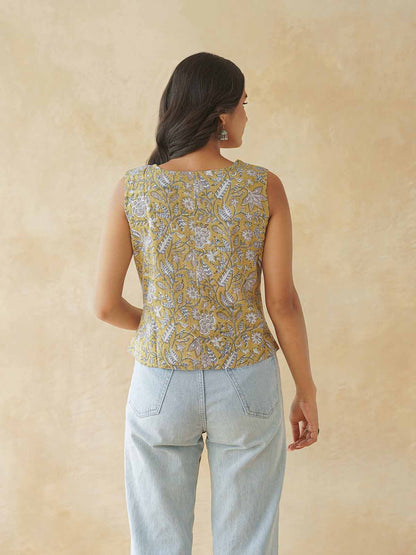 Sleeveless Cotton Block Printed Kothi Top Mustard
