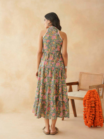 Tiered Halter Neck Dress Green Jaal