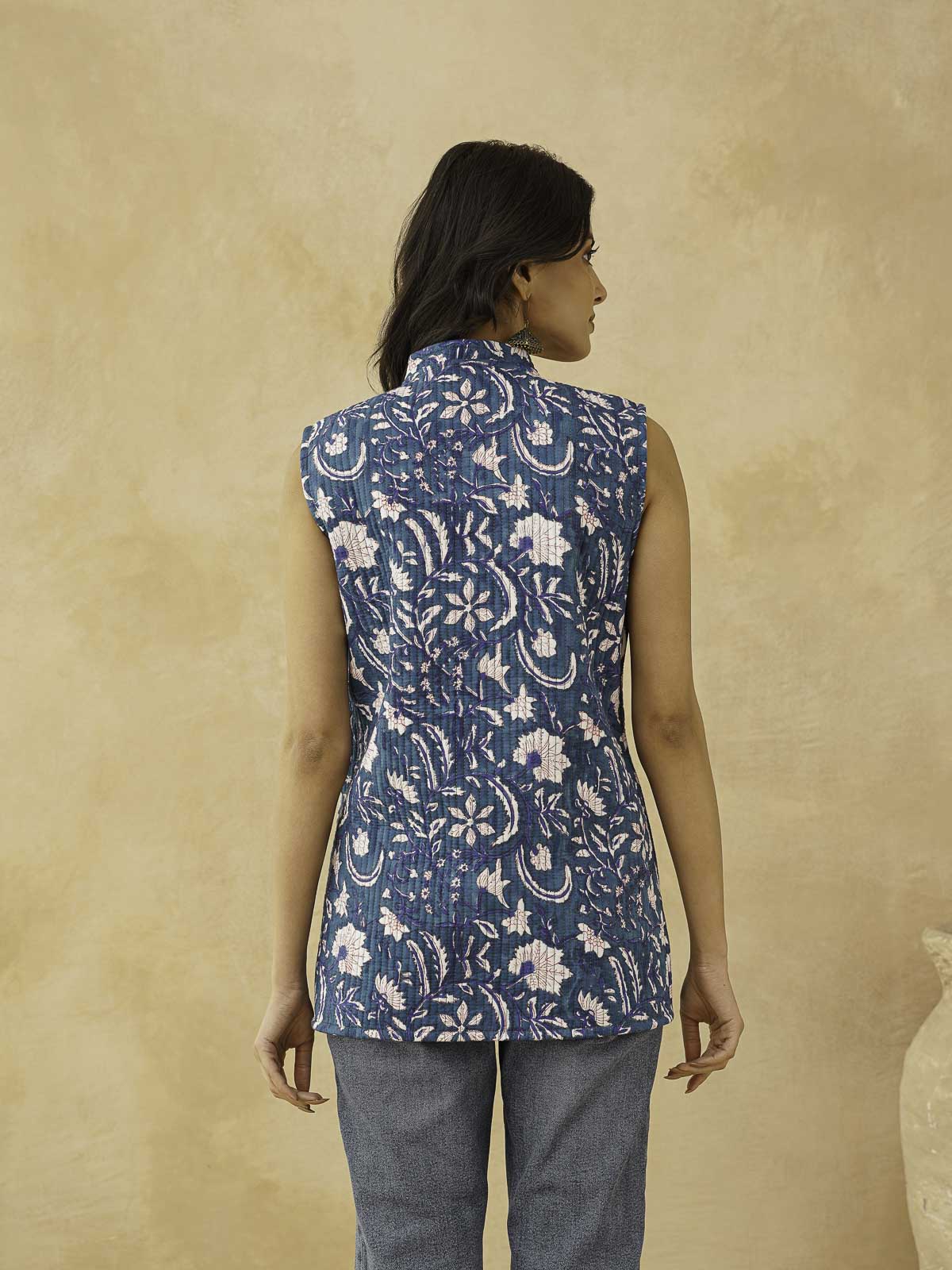 Cotton Printed Sleeveless Quilted Jacket Blue Jaal