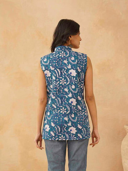 Cotton Printed Sleeveless Quilted Jacket Blue Jaal