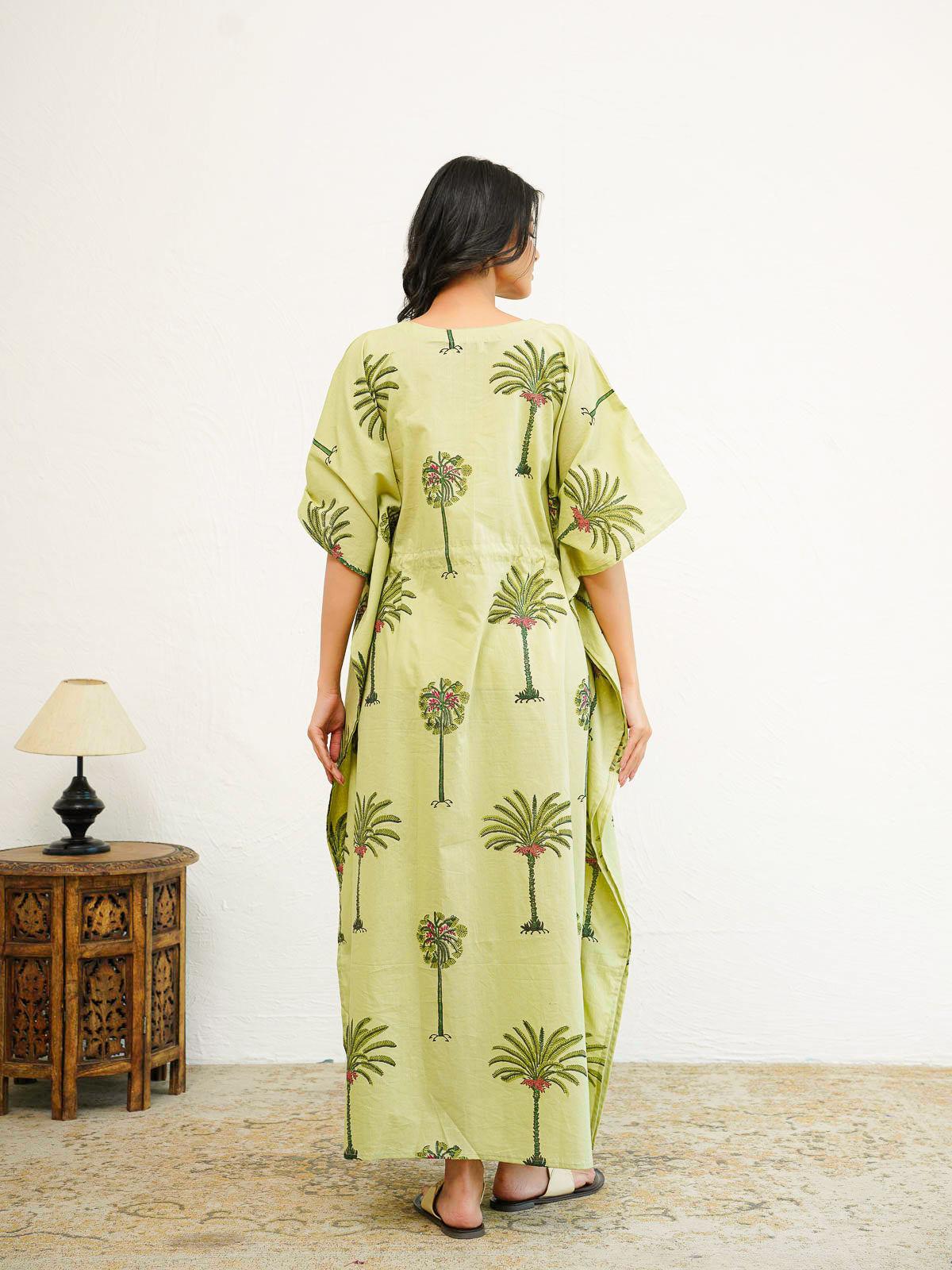 Block-Printed Cotton Long Kaftan Green Tree