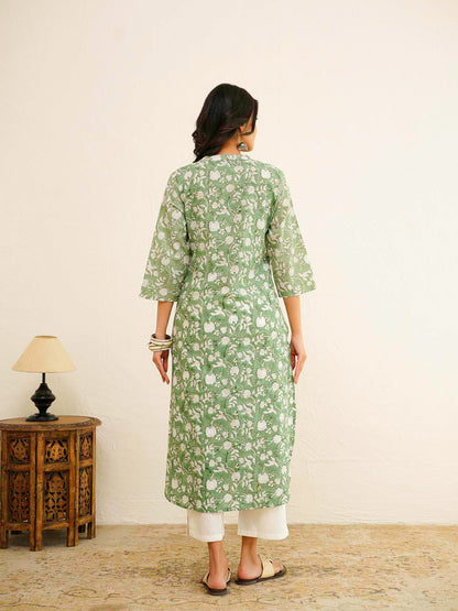 Cotton Pleat Kurta For Women Green