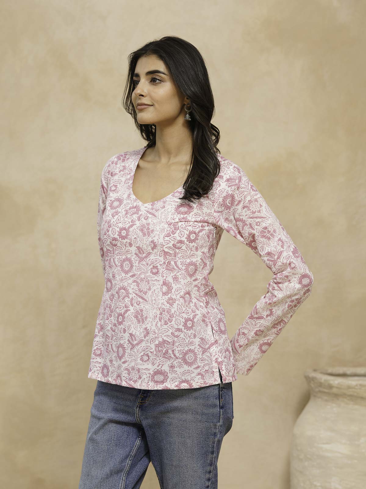 Full Sleeve Cotton Printed Classic Vee Top White