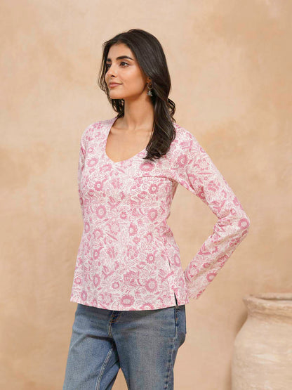 Full Sleeve Cotton Printed Classic Vee Top White