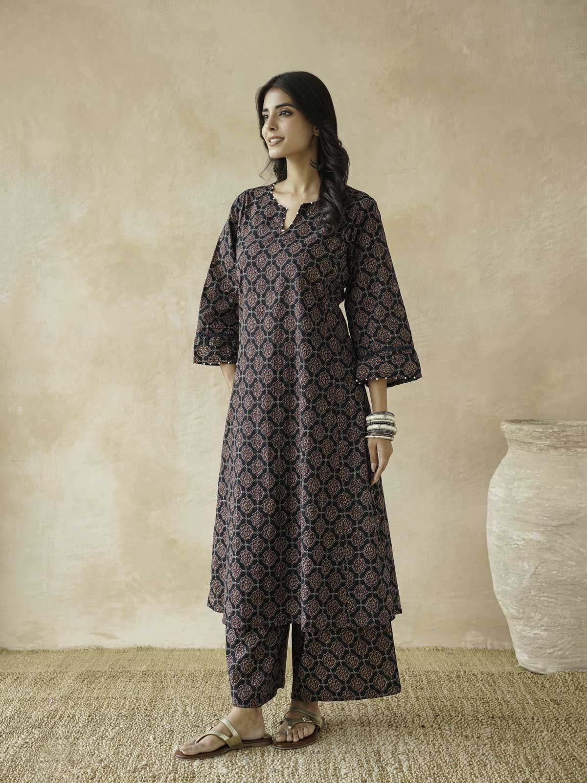 Cotton Printed Aline Gitika Set For Women Black