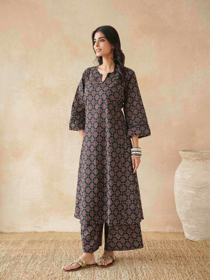Cotton Printed Aline Gitika Set For Women Black