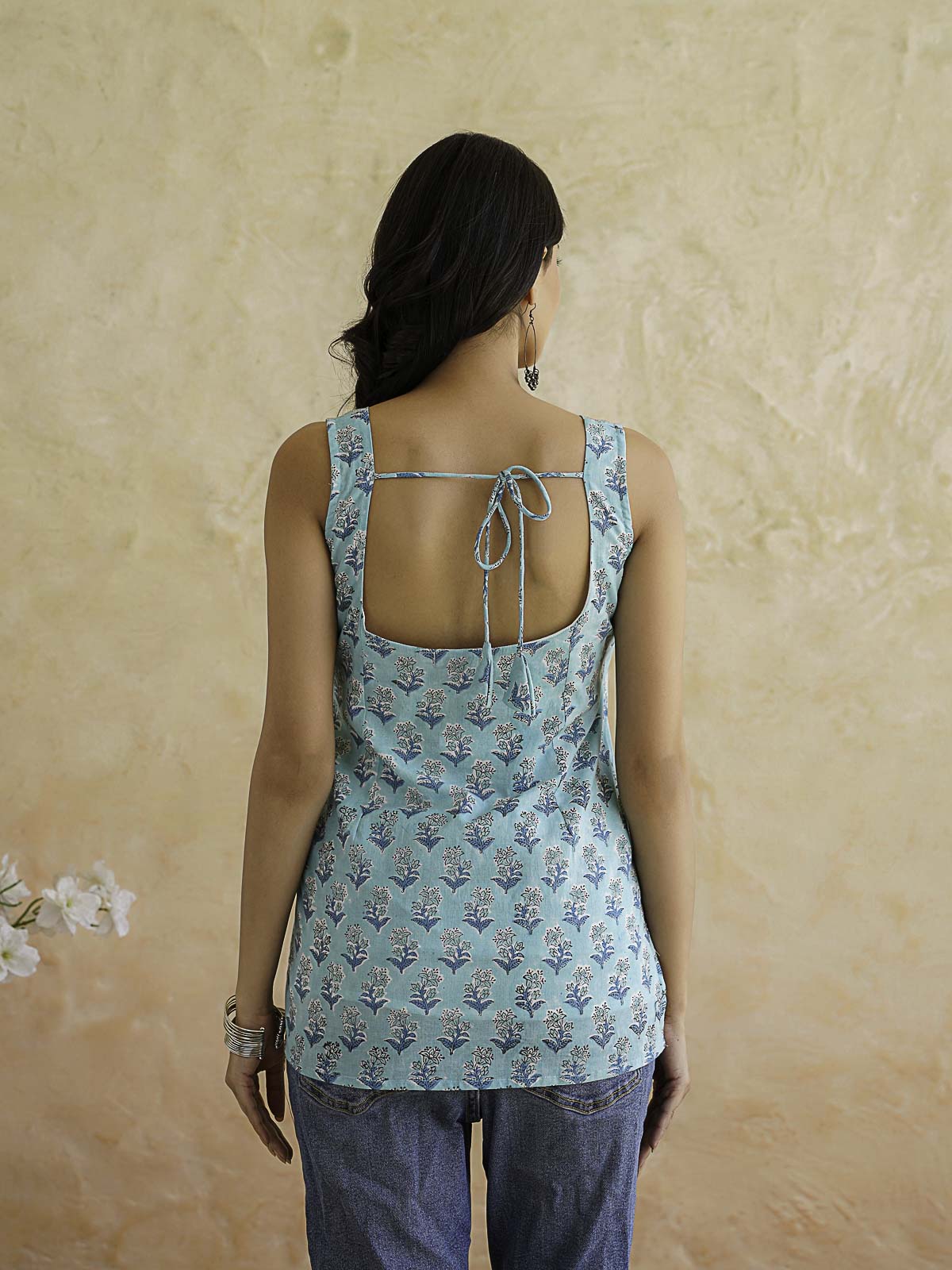 Cotton Printed Stylish Backless Tie-Up Kurti Sky Blue