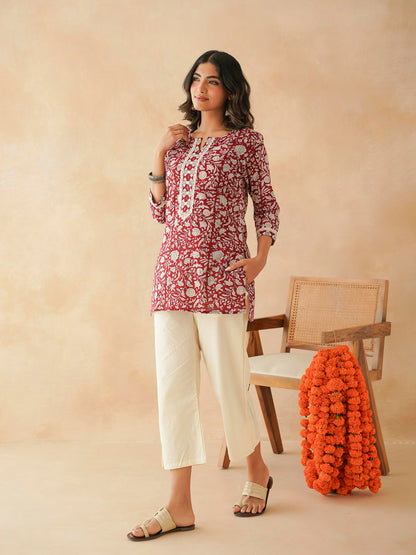 Block-Printed Cotton Zoya Kurti Red Jaal