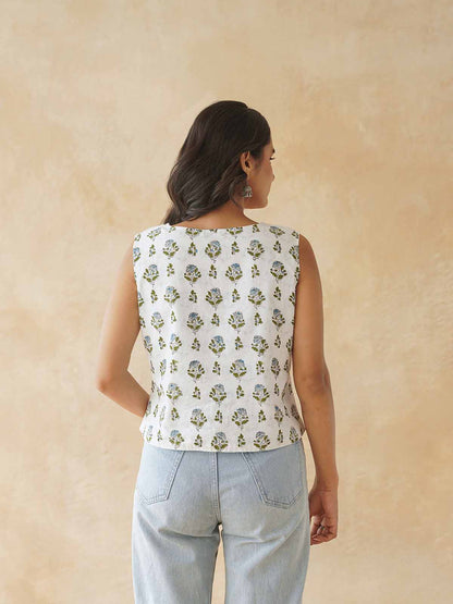 Sleeveless Cotton Block Printed Kothi Top White Booty