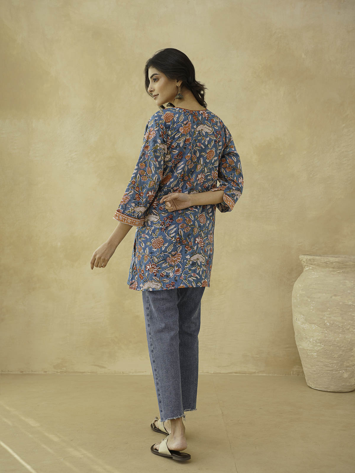 Cotton Printed Sequin Short Kurti For Women Blue Jaal