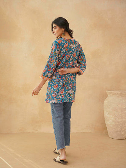 Cotton Printed Sequin Short Kurti For Women Blue Jaal