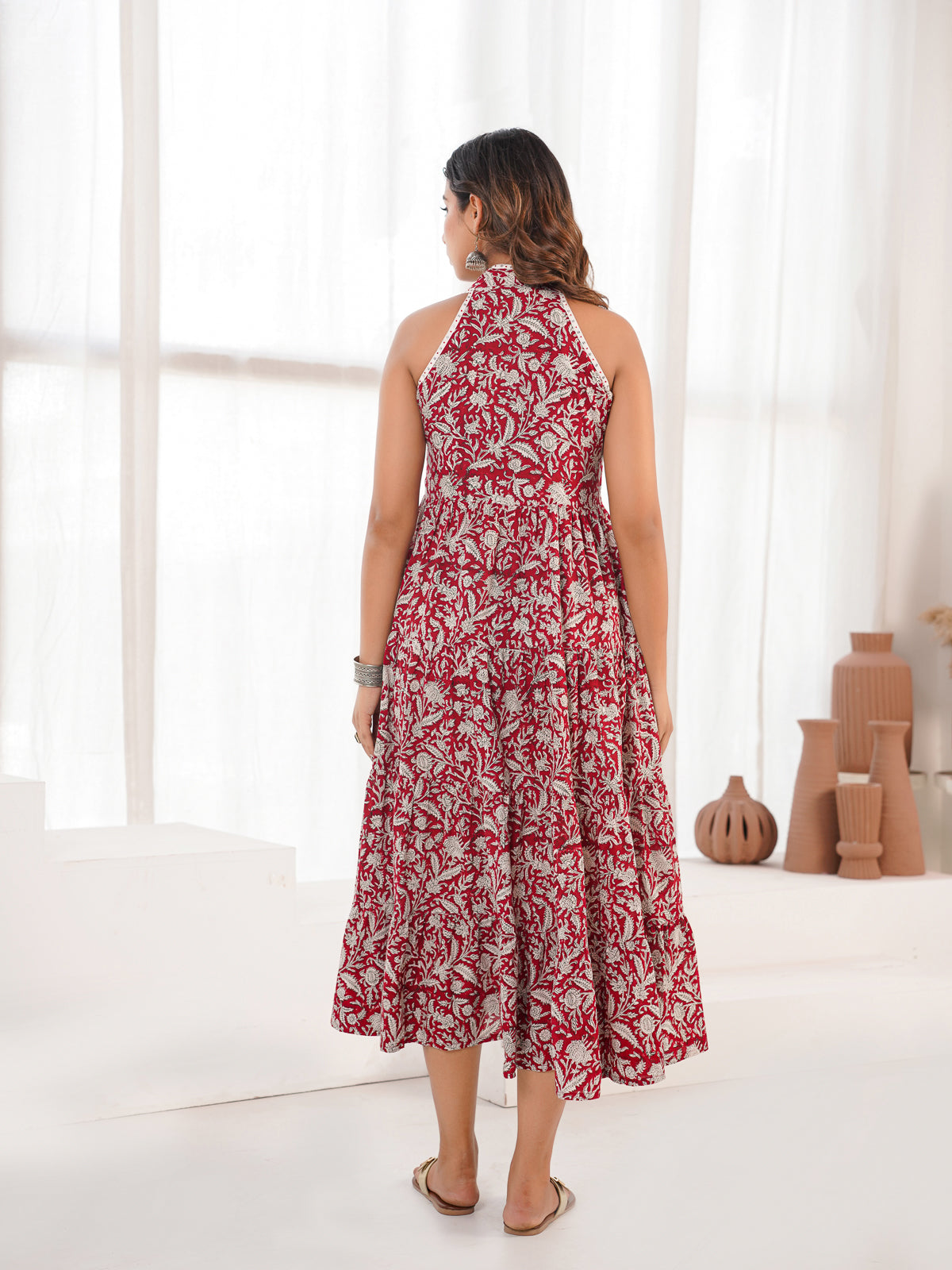 Tiered Halter Neck Dress Red Jaal